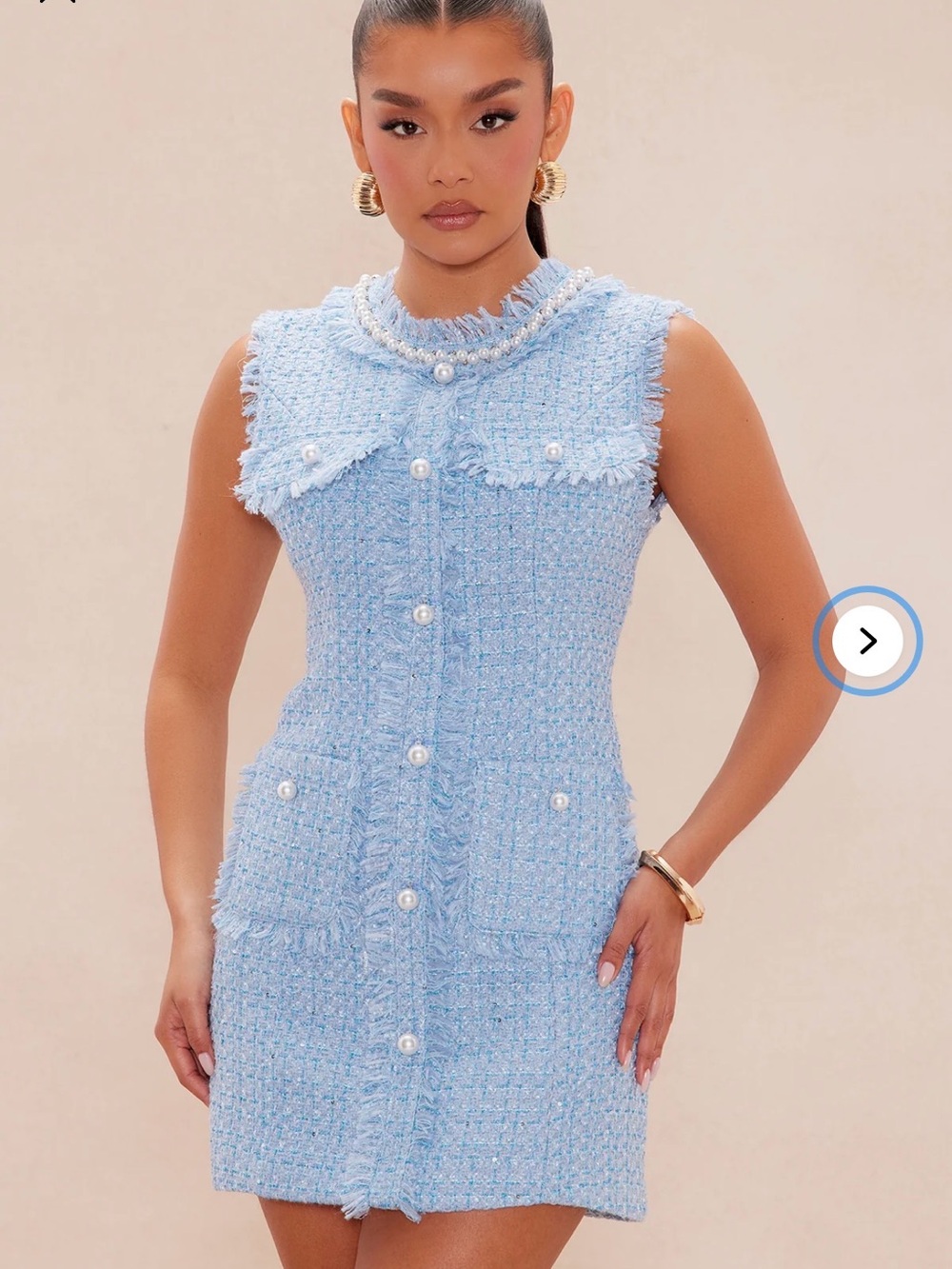 Fashion Nova Light Blue Tweed Pearl-Button Mini Dress